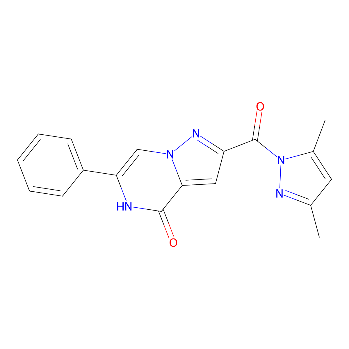 2-[(3,5-dimethyl-1H-pyrazol-1-yl)carbonyl]-6-phenylpyrazolo[1,5-a]pyrazin-4(5H)-one molecular structure, CAS 1986367-75-2
