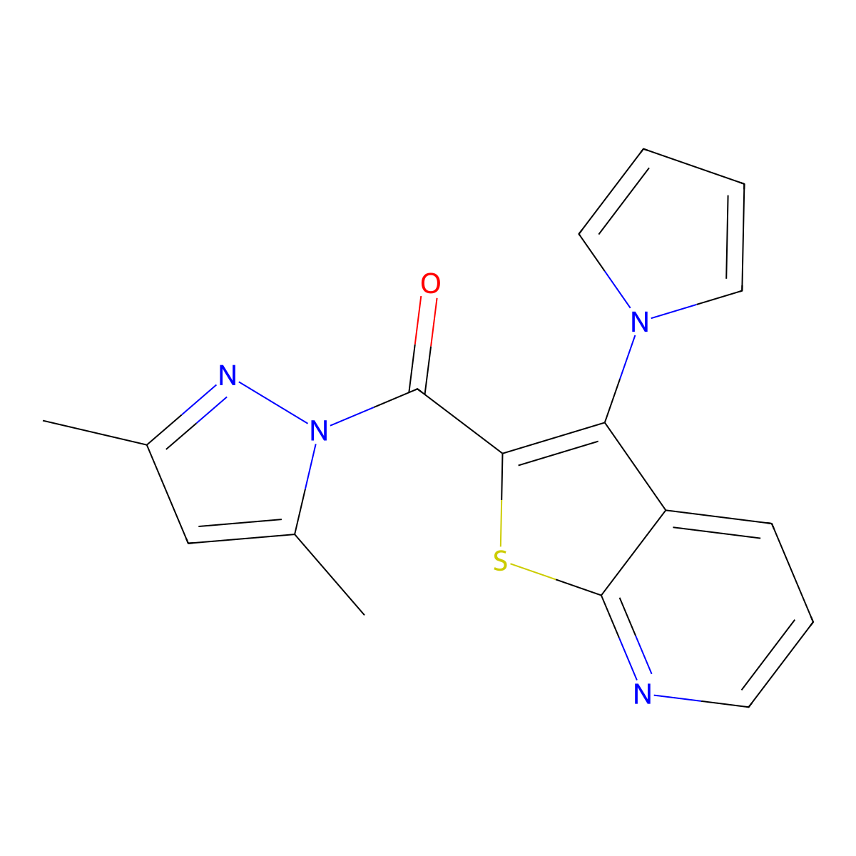 2-[(3,5-dimethyl-1H-pyrazol-1-yl)carbonyl]-3-(1H-pyrrol-1-yl)thieno[2,3-b]pyridine molecular structure, CAS 1986427-23-9