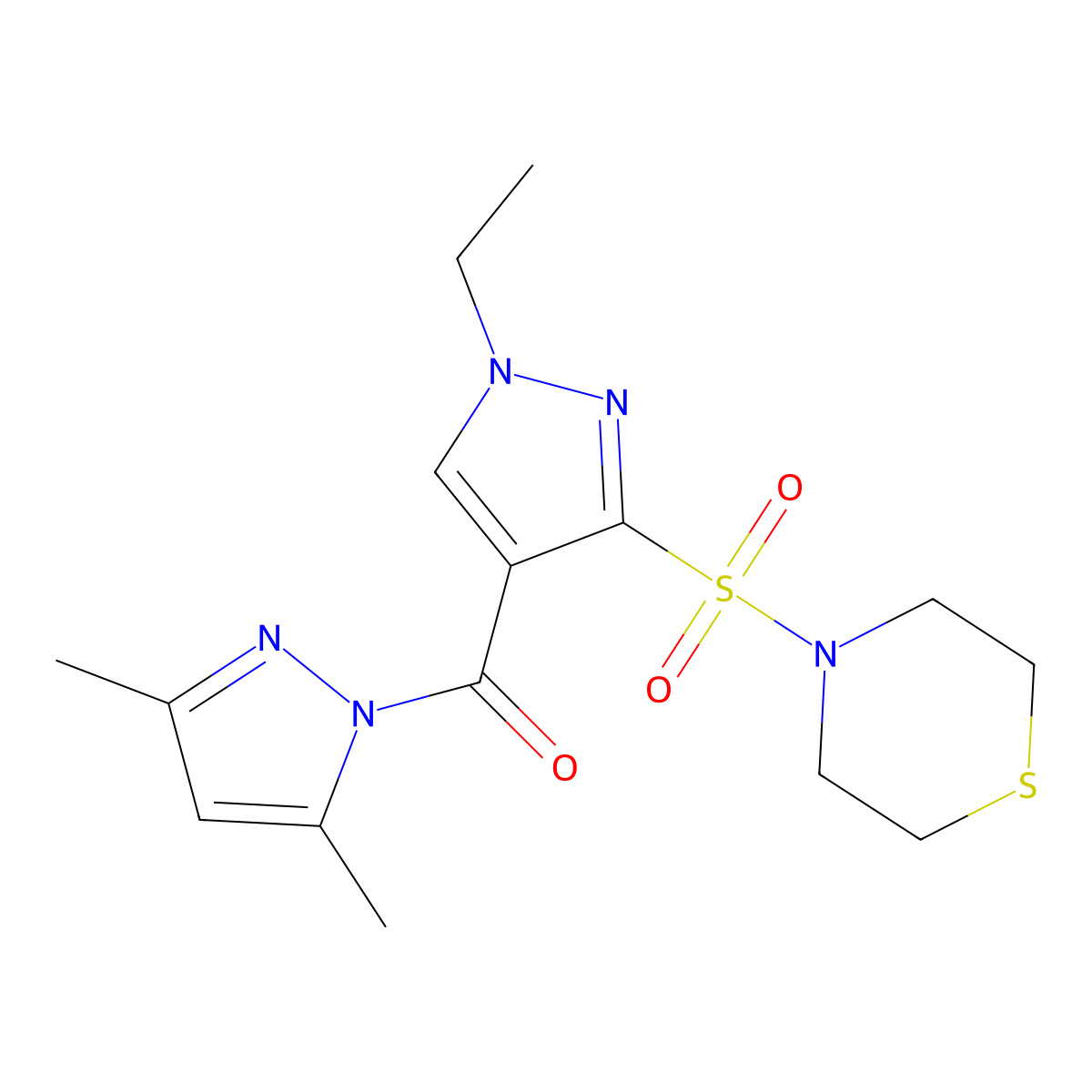 4-({4-[(3,5-dimethyl-1H-pyrazol-1-yl)carbonyl]-1-ethyl-1H-pyrazol-3-yl}sulfonyl)thiomorpholine molecular structure, CAS 1986427-35-3