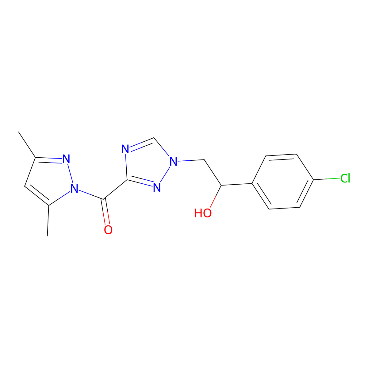 1-(4-chlorophenyl)-2-{3-[(3,5-dimethyl-1H-pyrazol-1-yl)carbonyl]-1H-1,2,4-triazol-1-yl}ethanol molecular structure, CAS 1986486-67-2