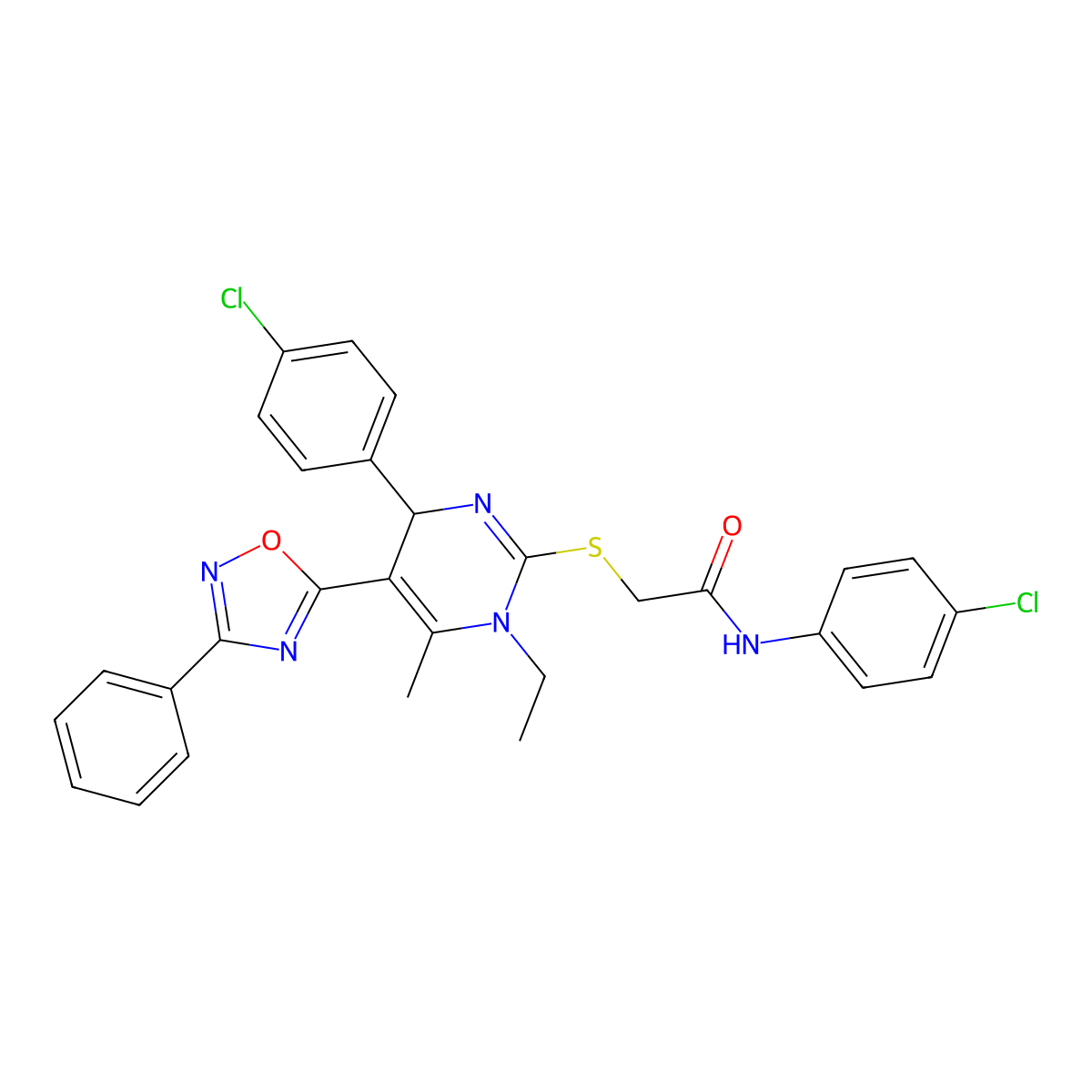 N-(4-chlorophenyl)-2-{[4-(4-chlorophenyl)-1-ethyl-6-methyl-5-(3-phenyl-1,2,4-oxadiazol-5-yl)-1,4-dihydropyrimidin-2-yl]thio}acetamide molecular structure, CAS 1986550-01-9