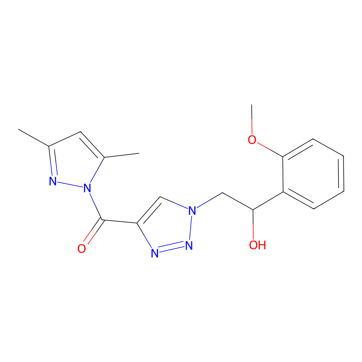 2-{4-[(3,5-dimethyl-1H-pyrazol-1-yl)carbonyl]-1H-1,2,3-triazol-1-yl}-1-(2-methoxyphenyl)ethanol molecular structure, CAS 1987207-69-1