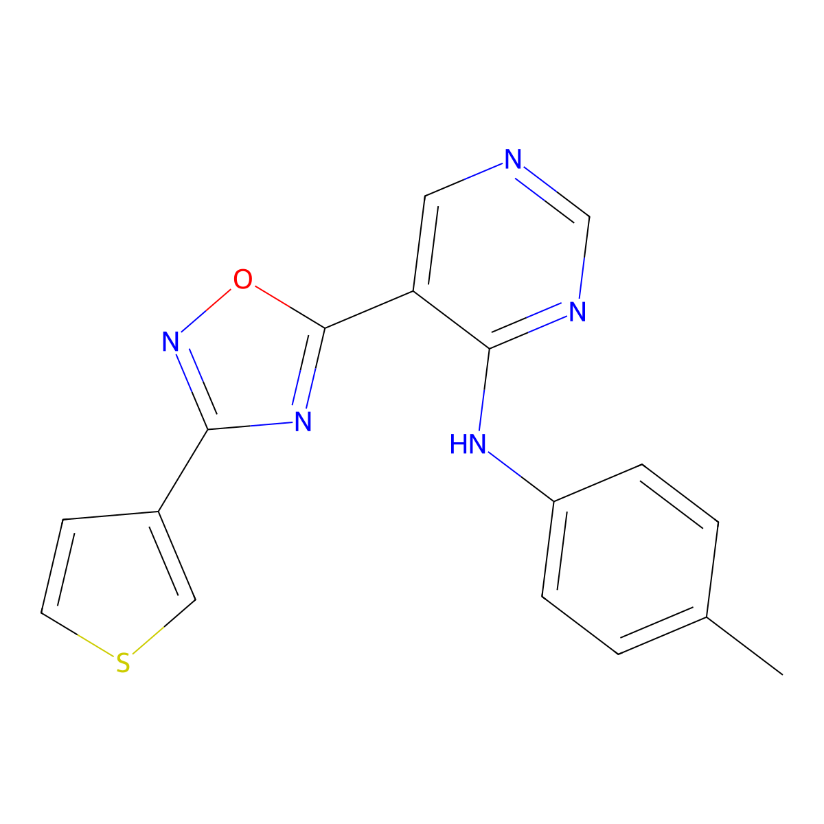 N-(4-methylphenyl)-5-[3-(3-thienyl)-1,2,4-oxadiazol-5-yl]pyrimidin-4-amine molecular structure, CAS 1987208-31-0