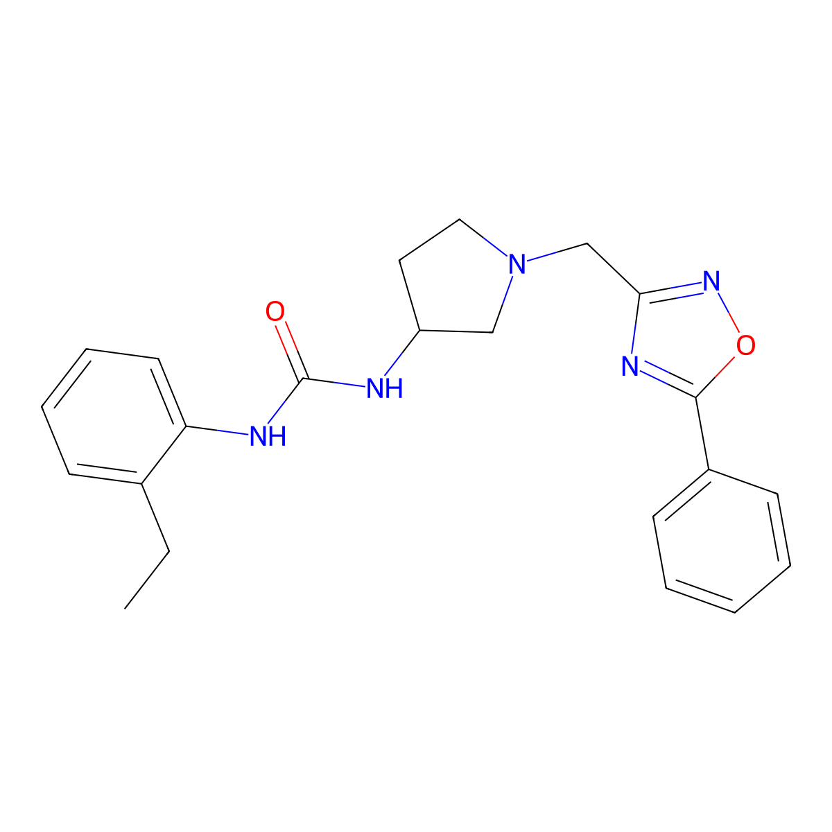 'N-(2-ethylphenyl)-N''-{1-[(5-phenyl-1,2,4-oxadiazol-3-yl)methyl]pyrrolidin-3-yl}urea' molecular structure, CAS 1987222-83-2