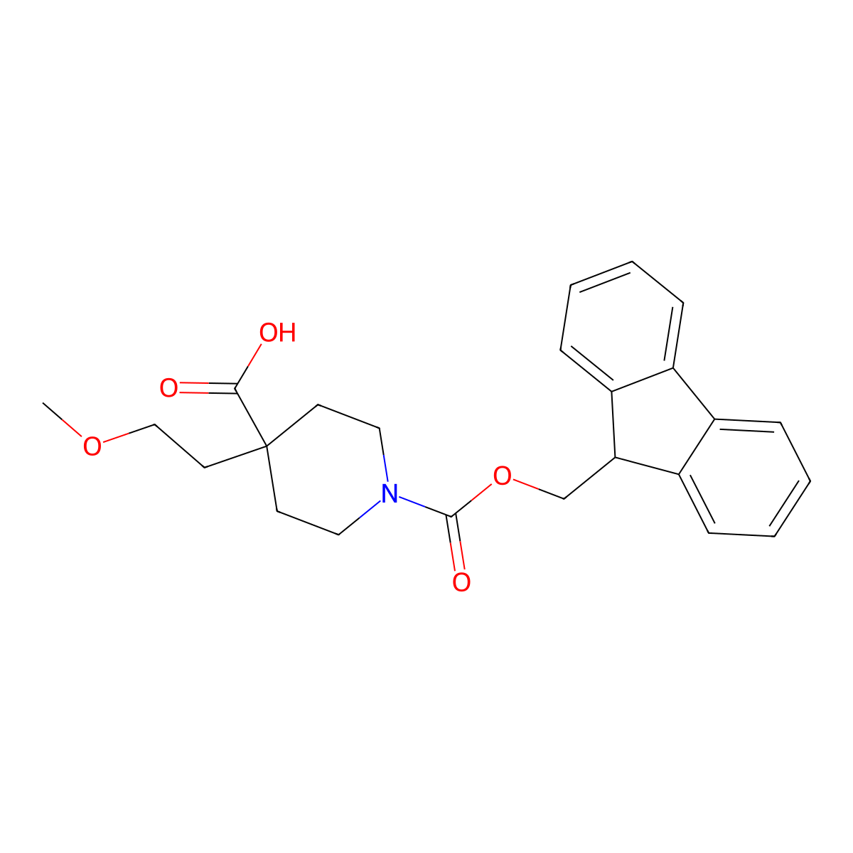 1-(((9H-fluoren-9-yl)methoxy)carbonyl)-4-(2-methoxyethyl)piperidine-4-carboxylic acid molecular structure, CAS 1987403-13-3
