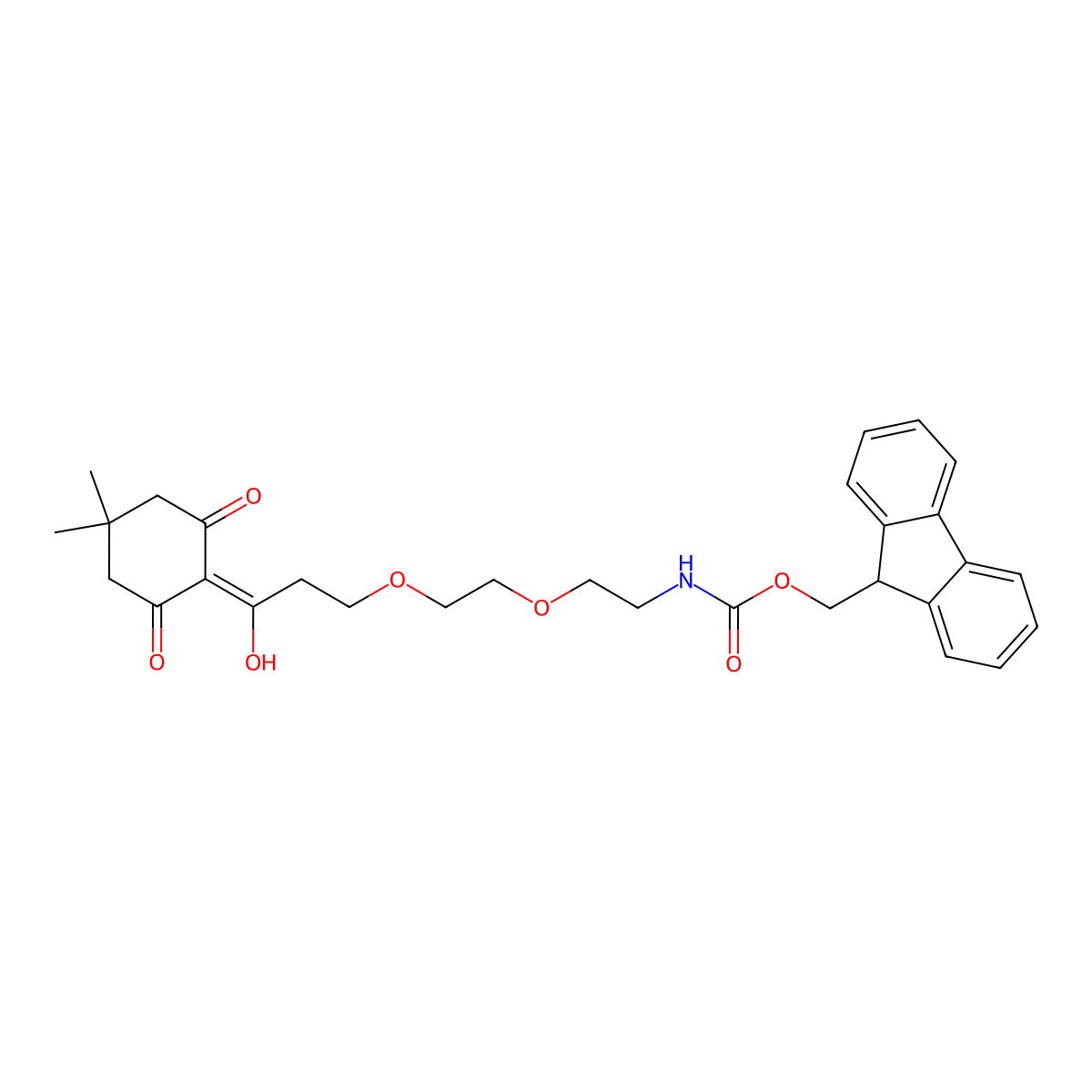 (9H-Fluoren-9-yl)methyl (2-(2-(3-(4,4-dimethyl-2,6-dioxocyclohexylidene)-3-hydroxypropoxy)ethoxy)ethyl)carbamate molecular structure, CAS 1988771-96-5