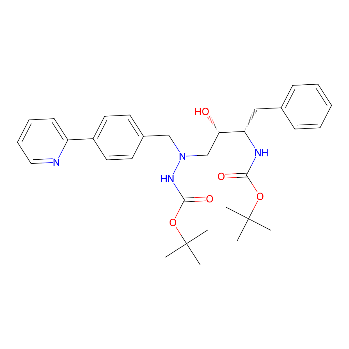 1,1-Dimethylethyl 2-((2S,3S)-3-(((1,1-dimethylethoxy)carbonyl)amino)-2-hydroxy-4-phenylbutyl)-2-((4-(2-pyridinyl)phenyl)methyl)hydrazinecarboxylate molecular structure, CAS 198904-86-8