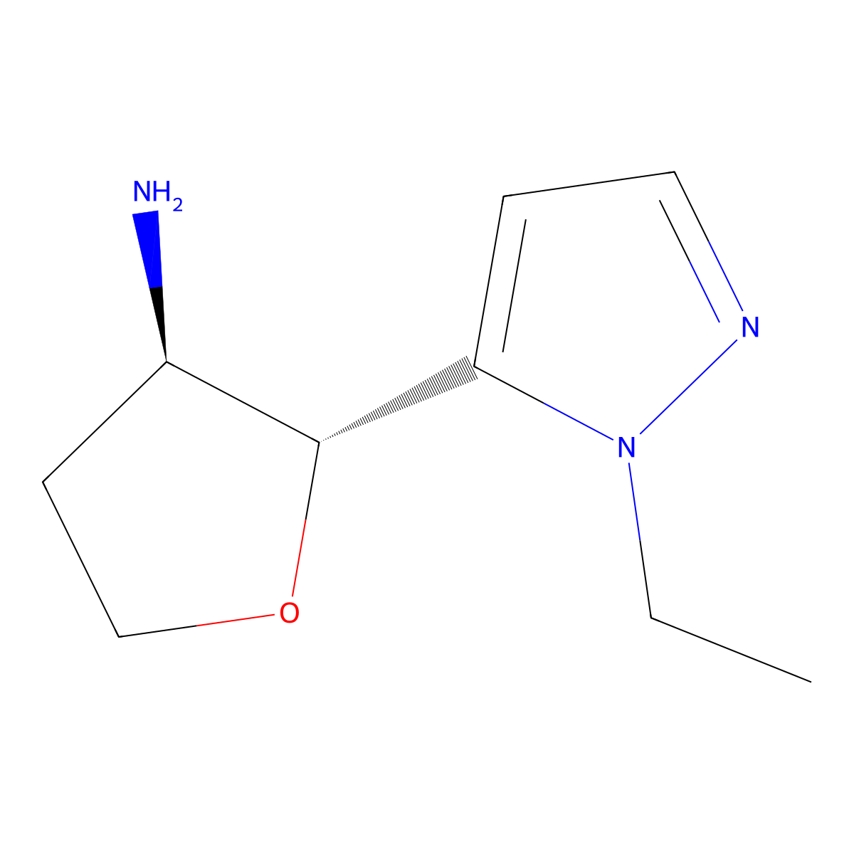 rac-(2R,3R)-2-(1-ethyl-1H-pyrazol-5-yl)oxolan-3-amine molecular structure, CAS 1989638-33-6