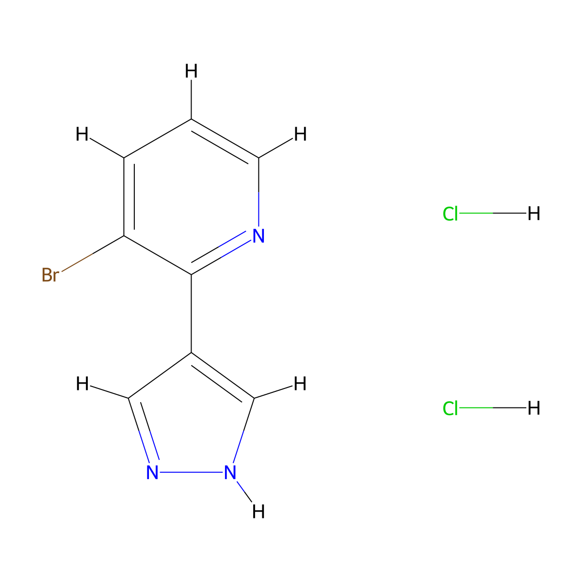 3-bromo-2-(1H-pyrazol-4-yl)pyridine dihydrochloride molecular structure, CAS 1989672-03-8