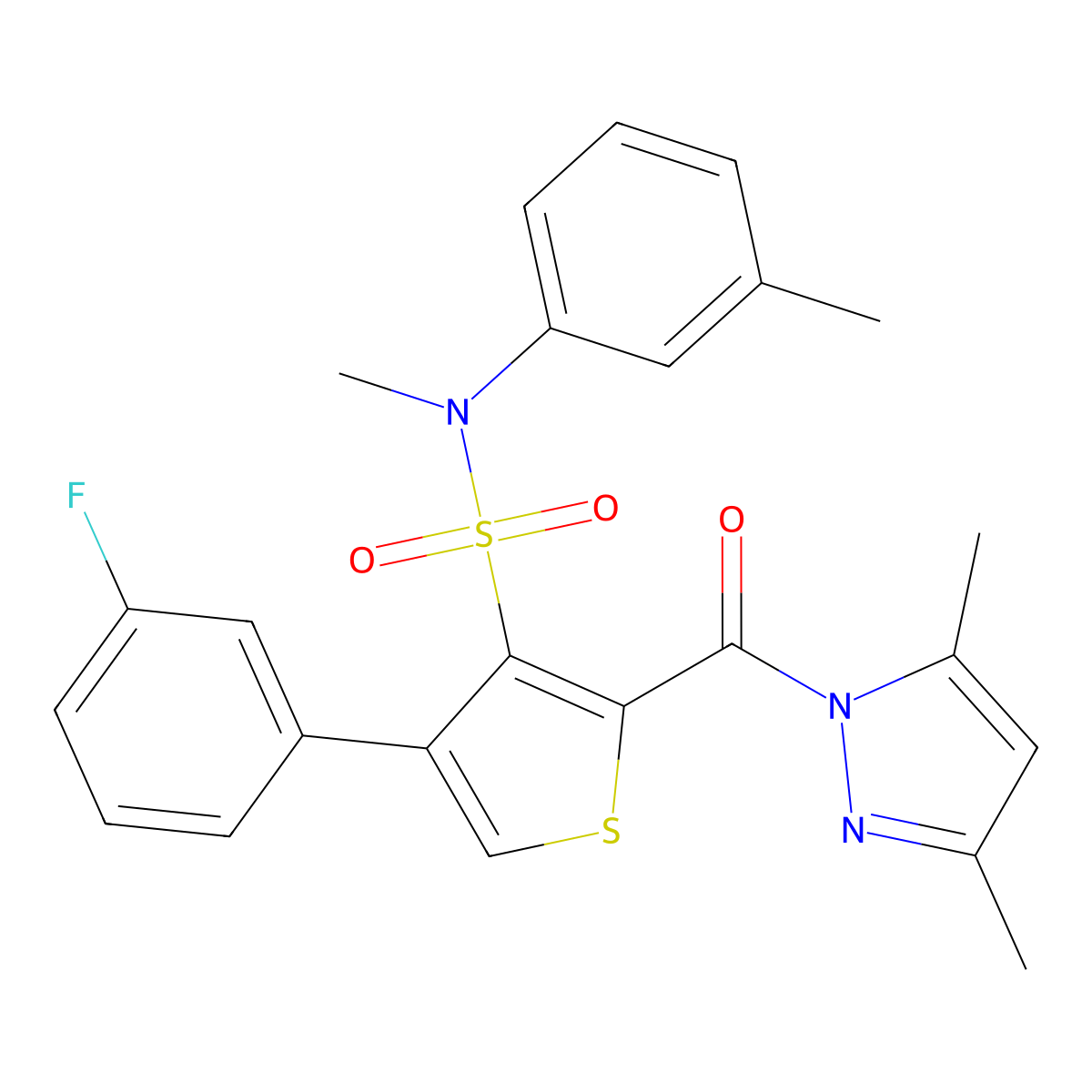 2-(3,5-dimethyl-1H-pyrazole-1-carbonyl)-4-(3-fluorophenyl)-N-methyl-N-(3-methylphenyl)thiophene-3-sulfonamide molecular structure, CAS 1989757-15-4