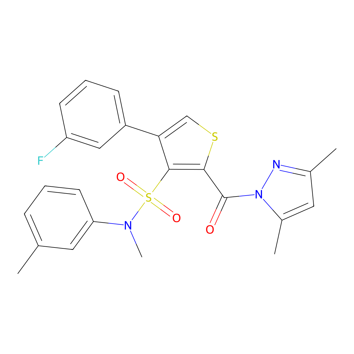 2-(3,5-dimethyl-1H-pyrazole-1-carbonyl)-4-(3-fluorophenyl)-N-methyl-N-(3-methylphenyl)thiophene-3-sulfonamide molecular structure, CAS 1989757-15-4