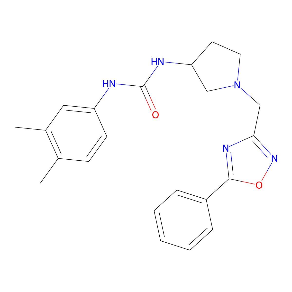 'N-(3,4-dimethylphenyl)-N''-{1-[(5-phenyl-1,2,4-oxadiazol-3-yl)methyl]pyrrolidin-3-yl}urea' molecular structure, CAS 1989792-55-3