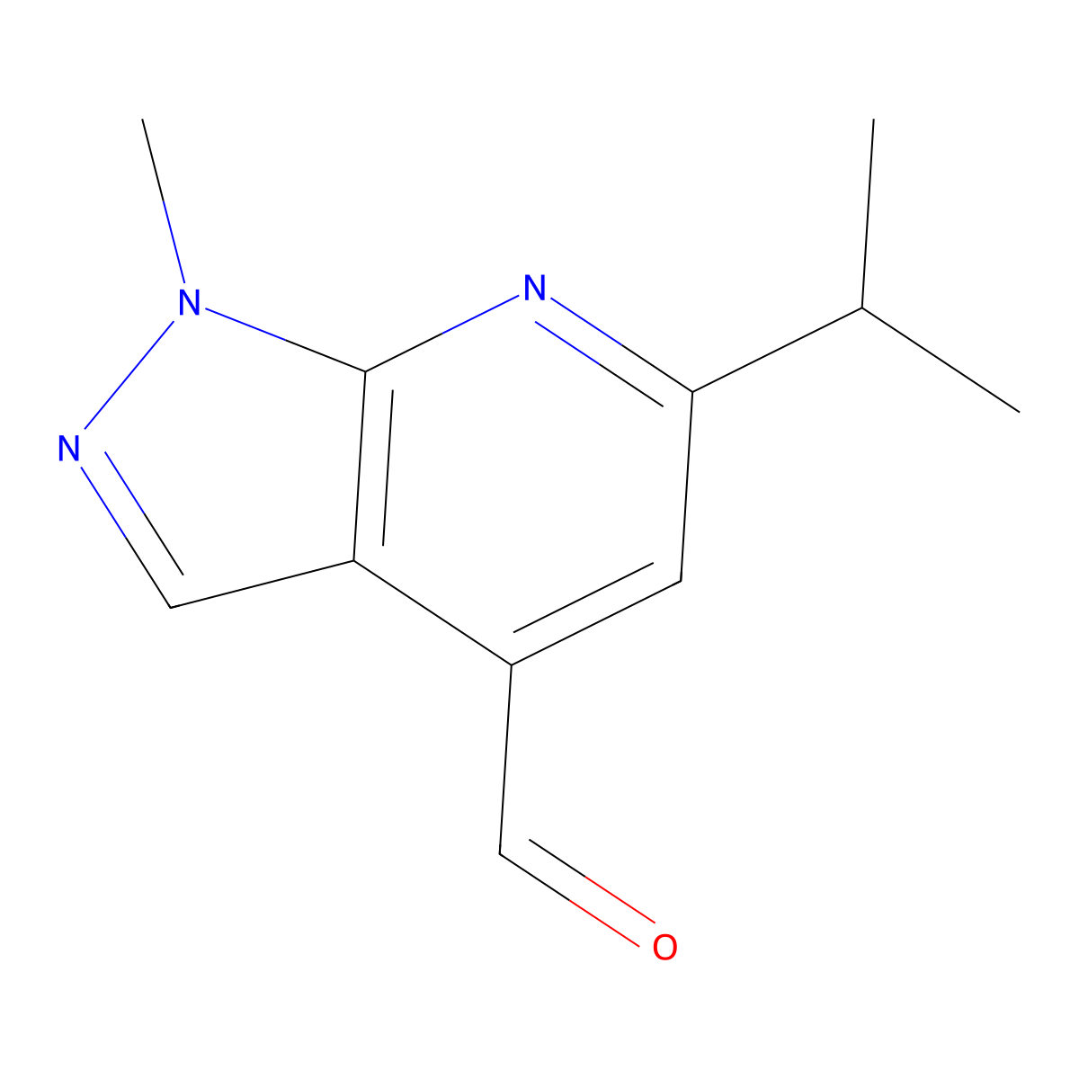1-methyl-6-(propan-2-yl)-1H-pyrazolo[3,4-b]pyridine-4-carbaldehyde molecular structure, CAS 1989985-71-8