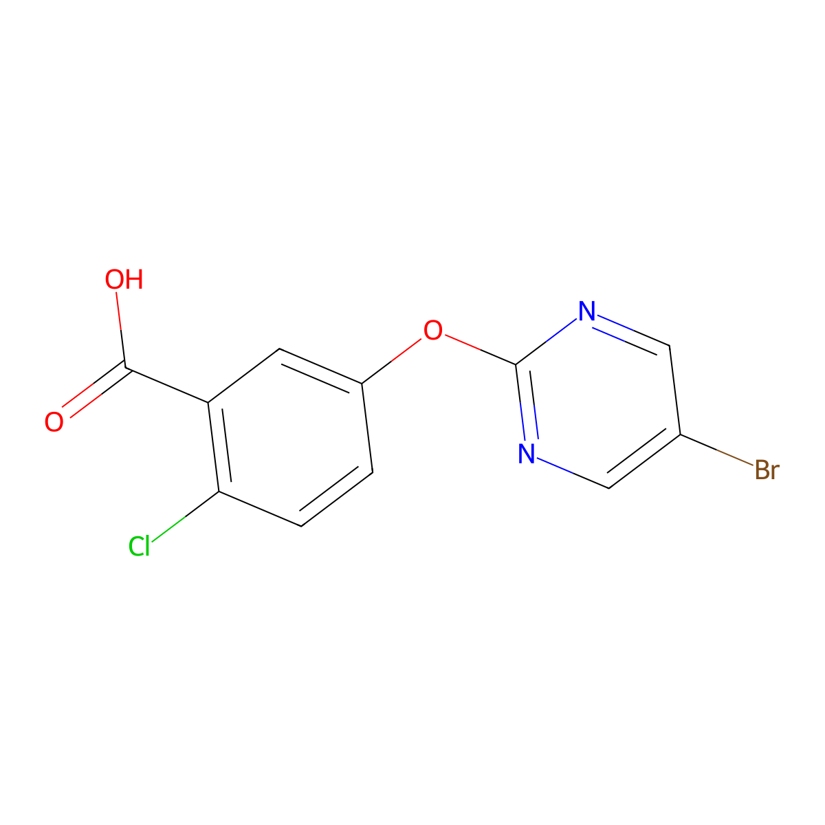 5-((5-Bromopyrimidin-2-yl)oxy)-2-chlorobenzoic acid molecular structure, CAS 1989994-60-6