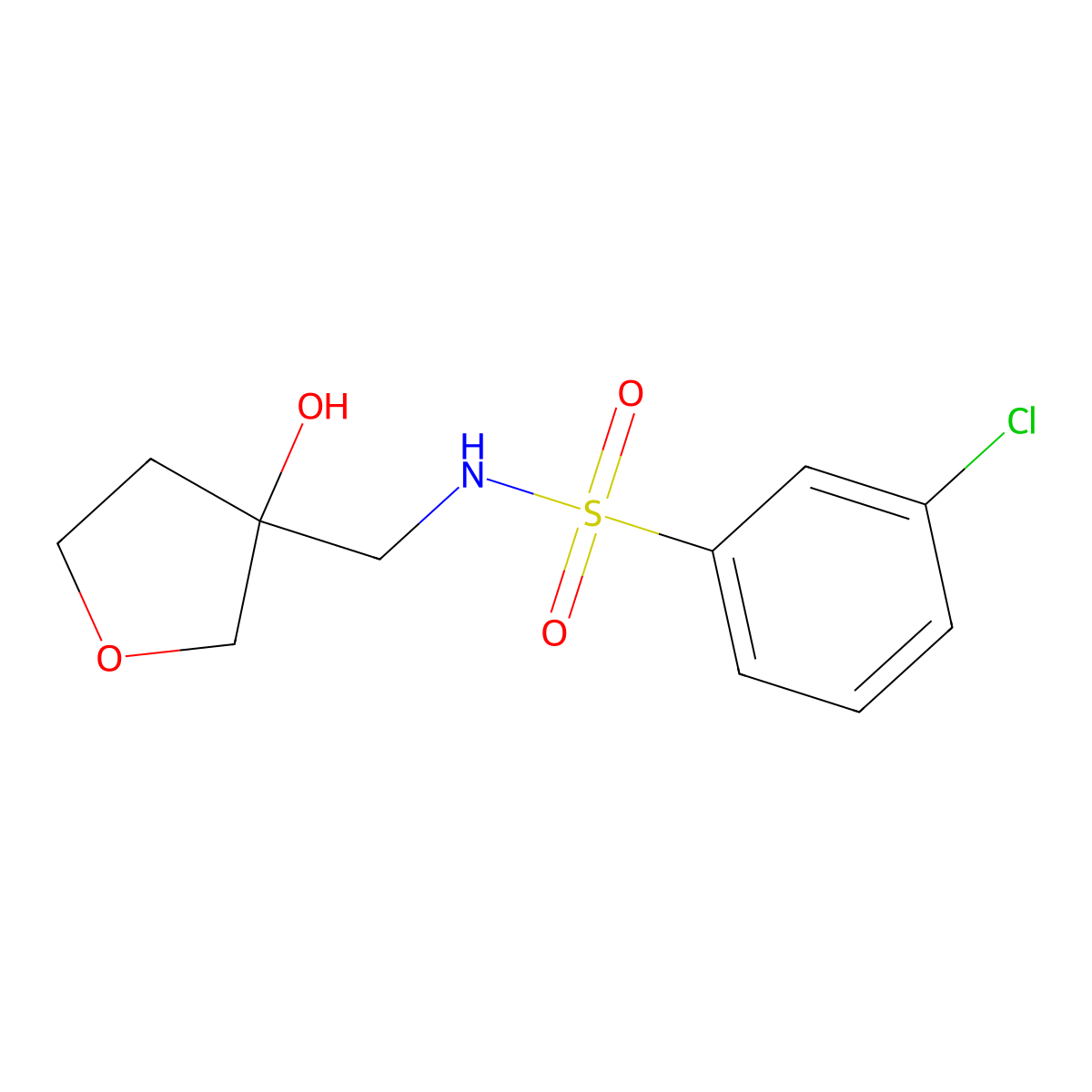 3-chloro-N-((3-hydroxytetrahydrofuran-3-yl)methyl)benzenesulfonamide molecular structure, CAS 1991788-38-5