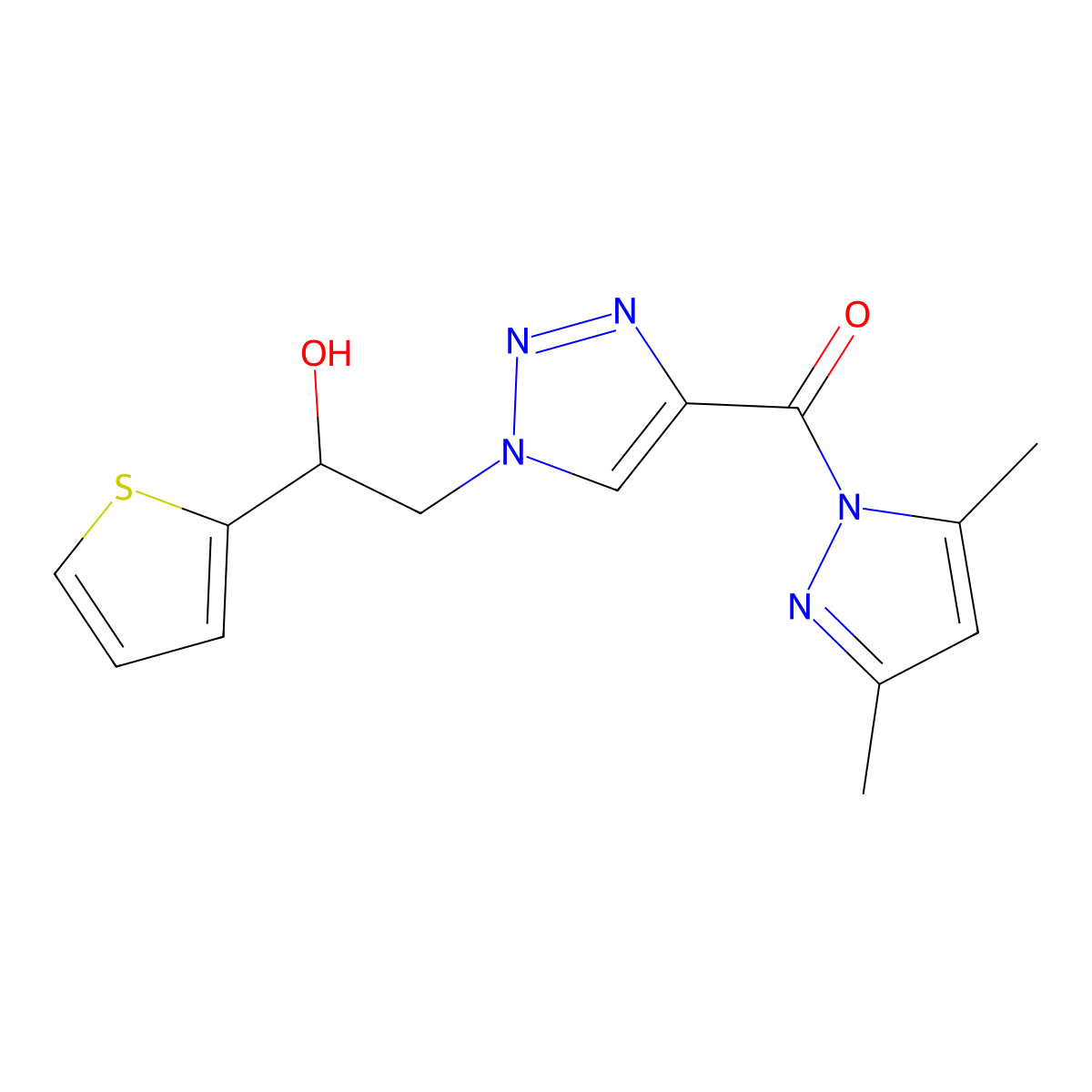 2-{4-[(3,5-dimethyl-1H-pyrazol-1-yl)carbonyl]-1H-1,2,3-triazol-1-yl}-1-(2-thienyl)ethanol molecular structure, CAS 1993058-47-1