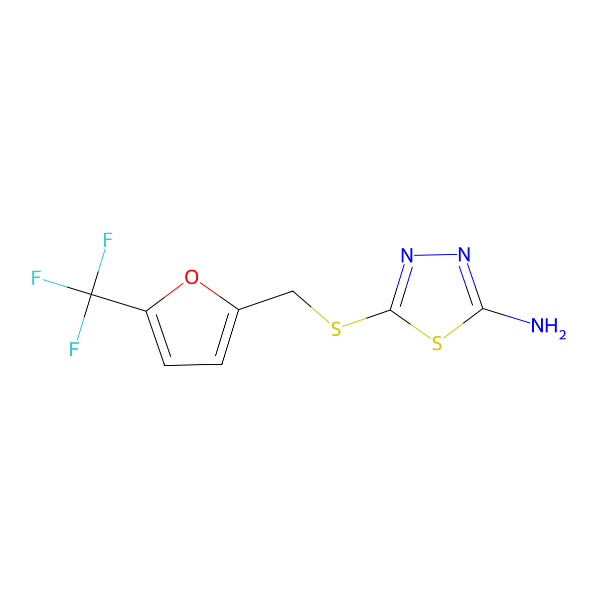 5-({[5-(Trifluoromethyl)-2-furyl]methyl}thio)-1,3,4-thiadiazol-2-amine molecular structure, CAS 1993122-63-6