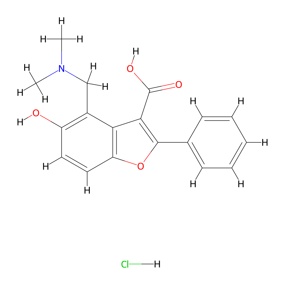 4-[(Dimethylamino)methyl]-5-hydroxy-2-phenyl-1-benzofuran-3-carboxylic acid hydrochloride molecular structure, CAS 1993128-58-7