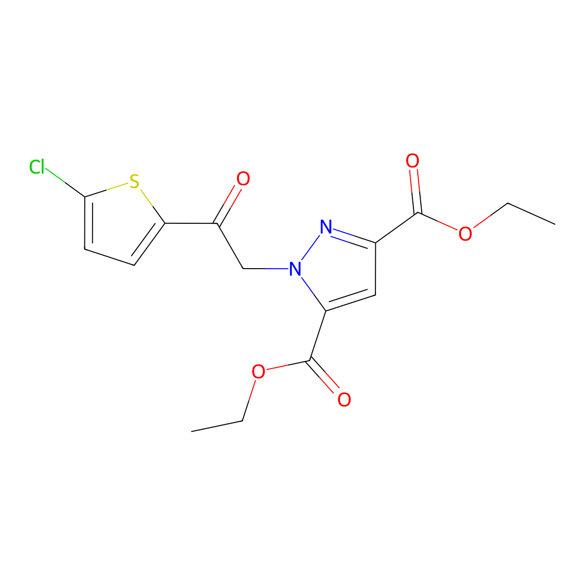 diethyl 1-[2-(5-chloro-2-thienyl)-2-oxoethyl]-1H-pyrazole-3,5-dicarboxylate molecular structure, CAS 1993148-75-6
