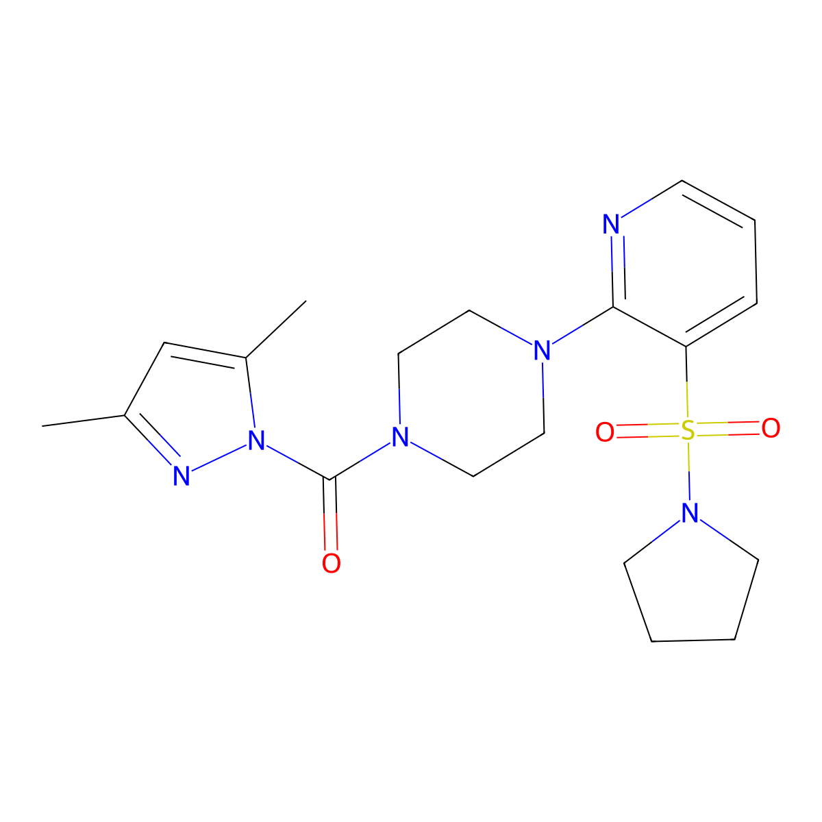 1-[(3,5-dimethyl-1H-pyrazol-1-yl)carbonyl]-4-[3-(pyrrolidin-1-ylsulfonyl)pyridin-2-yl]piperazine molecular structure, CAS 1993176-35-4