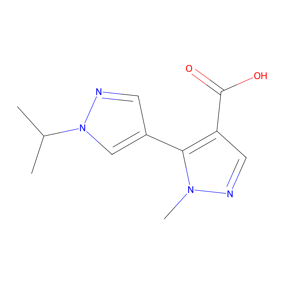 1-methyl-5-[1-(propan-2-yl)-1H-pyrazol-4-yl]-1H-pyrazole-4-carboxylic acid molecular structure, CAS 1994231-31-0