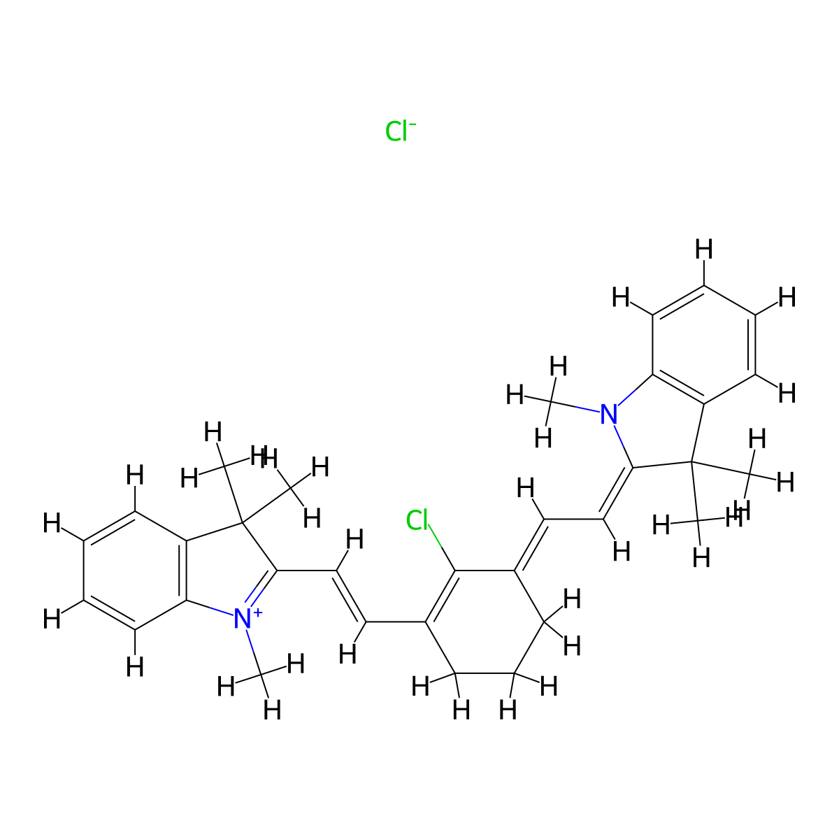 (2Z)-2-[(2E)-2-[2-chloro-3-[(E)-2-(1,3,3-trimethylindol-1-ium-2-yl)ethenyl]cyclohex-2-en-1-ylidene]ethylidene]-1,3,3-trimethylindole;chloride molecular structure, CAS 199444-11-6