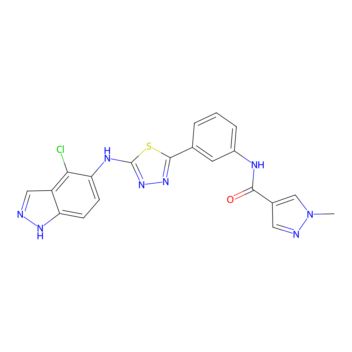 N-(3-(5-((4-chloro-1H-indazol-5-yl)amino)-1,3,4-thiadiazol-2-yl)phenyl)-1-methyl-1H-pyrazole-4-carboxamide molecular structure, CAS 1995066-30-2