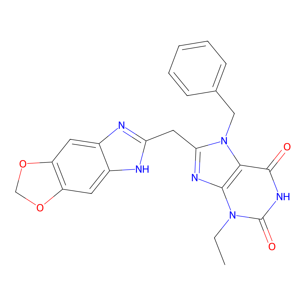 7-benzyl-8-({4,6-dioxa-10,12-diazatricyclo[7.3.0.0,3,7]dodeca-1(9),2,7,10-tetraen-11-yl}methyl)-3-ethyl-2,3,6,7-tetrahydro-1H-purine-2,6-dione molecular structure, CAS 1995850-81-1