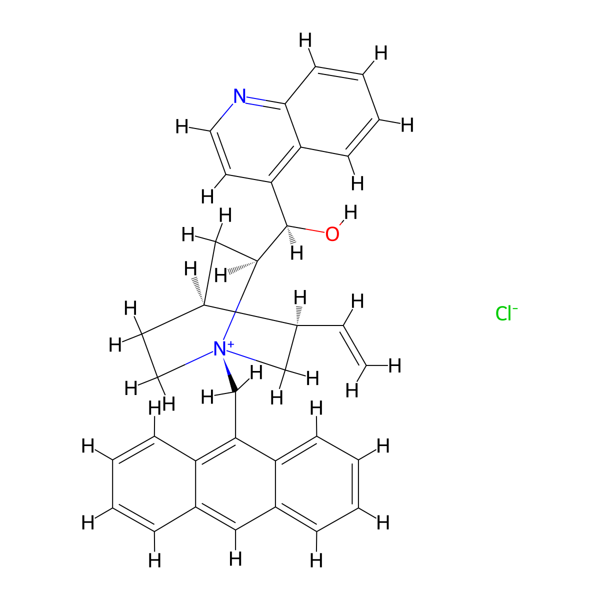 (1S,2S,4S,5R)-1-(Anthracen-9-ylmethyl)-2-((R)-hydroxy(quinolin-4-yl)methyl)-5-vinylquinuclidin-1-ium chloride molecular structure, CAS 199588-80-2