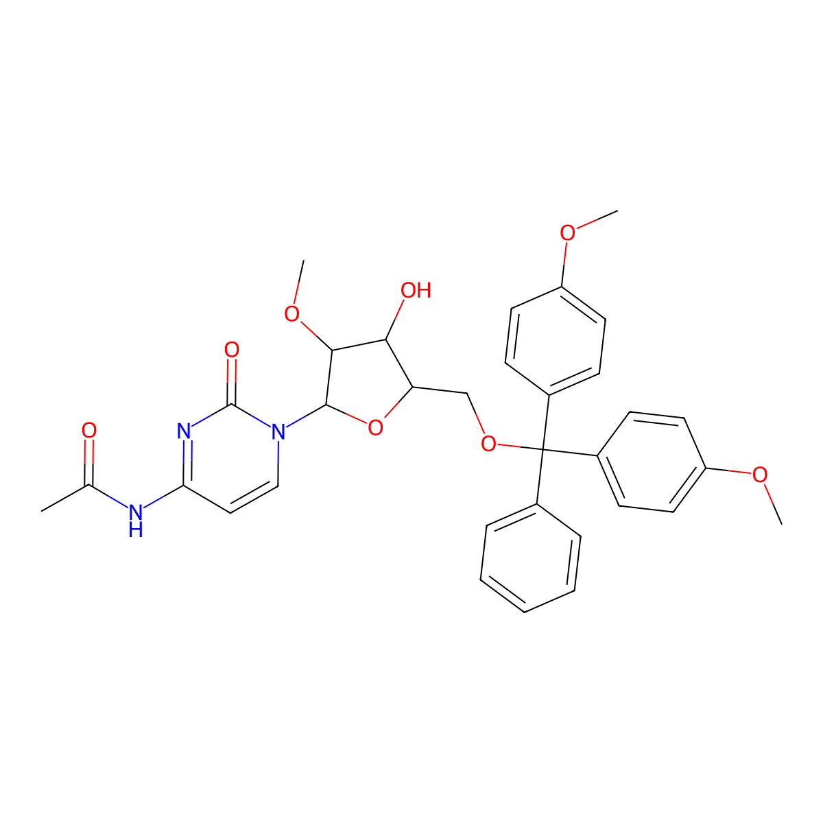 N-(1-((2R,3R,4R,5R)-5-((Bis(4-methoxyphenyl)(phenyl)methoxy)methyl)-4-hydroxy-3-methoxytetrahydrofuran-2-yl)-2-oxo-1,2-dihydropyrimidin-4-yl)acetamide molecular structure, CAS 199593-08-3