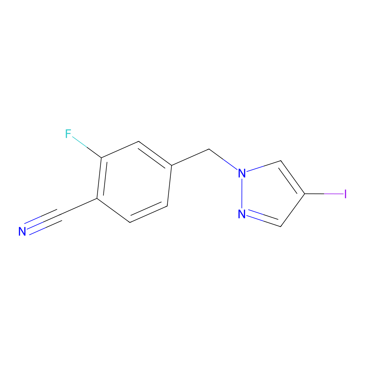 2-fluoro-4-[(4-iodo-1H-pyrazol-1-yl)methyl]benzonitrile molecular structure, CAS 1997226-74-0