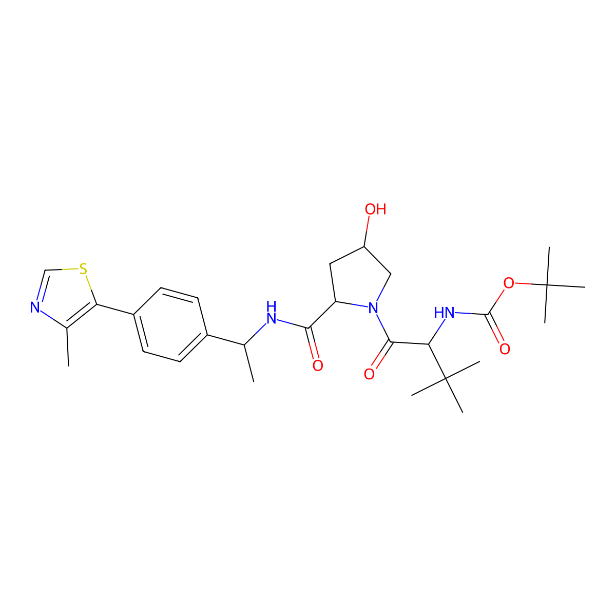 tert-Butyl ((S)-1-((2S,4R)-4-hydroxy-2-(((S)-1-(4-(4-methylthiazol-5-yl)phenyl)ethyl)carbamoyl)pyrrolidin-1-yl)-3,3-dimethyl-1-oxobutan-2-yl)carbamate molecular structure, CAS 1997302-16-5
