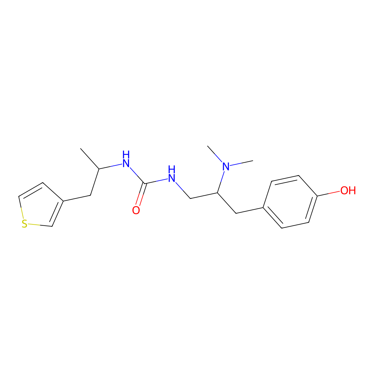 N-((2S)-2-(Dimethylamino)-3-(4-hydroxyphenyl)propyl)-N'-((1S)-1-methyl-2-(3-thienyl)ethyl)urea molecular structure, CAS 1997387-43-5