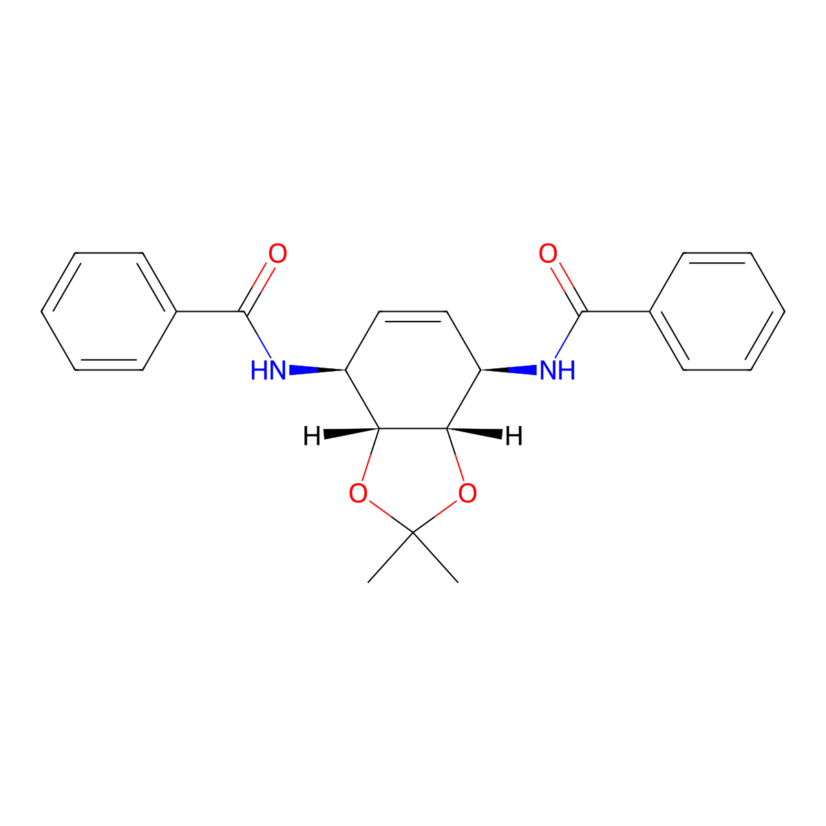 N,N'-((3aR,4S,7R,7aS)-2,2-dimethyl-3a,4,7,7a-tetrahydrobenzo[d][1,3]dioxole-4,7-diyl)dibenzamide (racemic) molecular structure, CAS 1998128-22-5