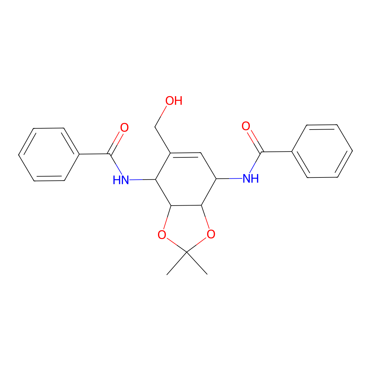 N-[(3aS,4R,7S,7aR)-7-benzamido-6-(hydroxymethyl)-2,2-dimethyl-3a,4,7,7a-tetrahydro-1,3-benzodioxol-4-yl]benzamide molecular structure, CAS 1998128-26-9