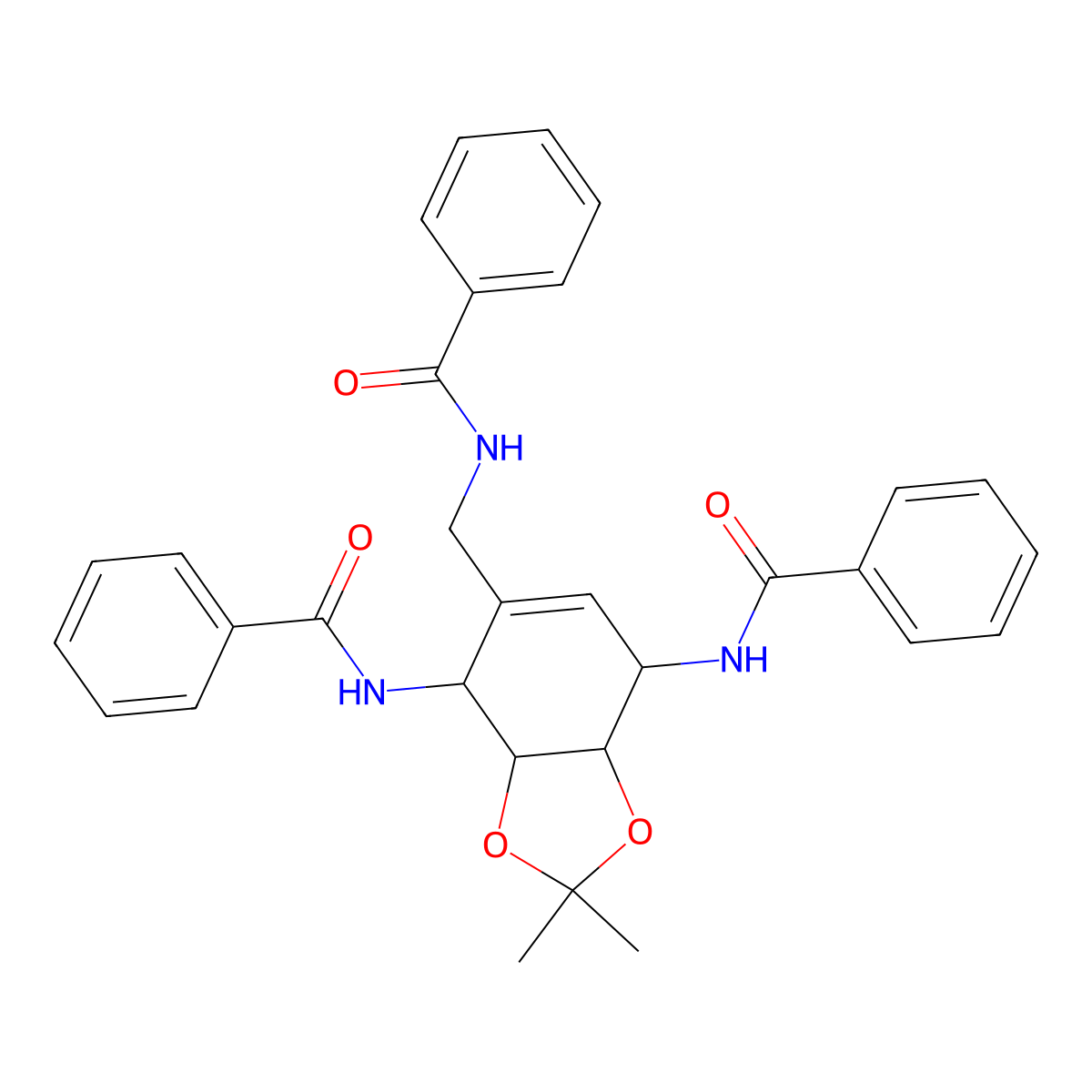 rac-N,N'-((3aR,4S,7R,7aS)-5-(benzamidomethyl)-2,2-dimethyl-3a,4,7,7a-tetrahydrobenzo[d][1,3]dioxole-4,7-diyl)dibenzamide molecular structure, CAS 1998128-29-2