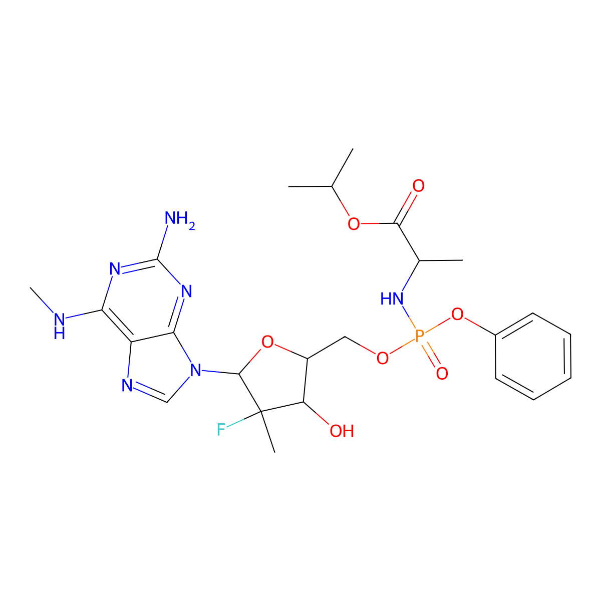 Isopropyl ((((2R,3R,4R,5R)-5-(2-amino-6-(methylamino)-9H-purin-9-yl)-4-fluoro-3-hydroxy-4-methyltetrahydrofuran-2-yl)methoxy)(phenoxy)phosphoryl)-L-alaninate molecular structure, CAS 1998705-63-7