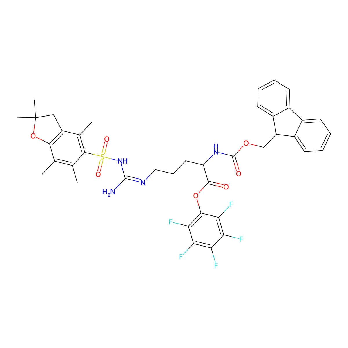 Pentafluorophenyl (E)-N~5~-{amino[(2,2,4,6,7-pentamethyl-2,3-dihydro-1-benzofuran-5-sulfonyl)amino]methylidene}-N~2~-{[(9H-fluoren-9-yl)methoxy]carbonyl}-L-ornithinate molecular structure, CAS 200132-16-7