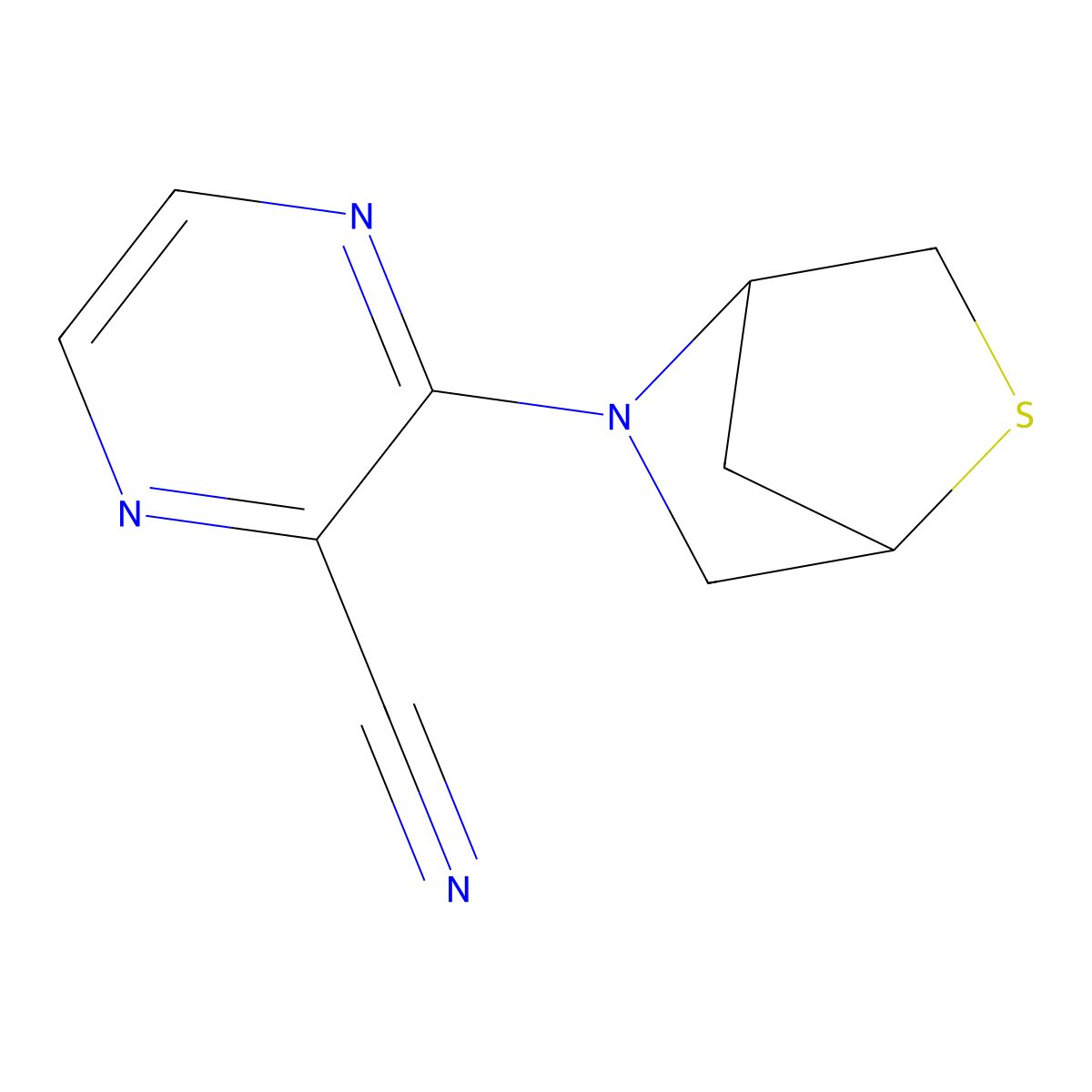 3-{2-Thia-5-azabicyclo[2.2.1]heptan-5-yl}pyrazine-2-carbonitrile molecular structure, CAS 2002082-87-1