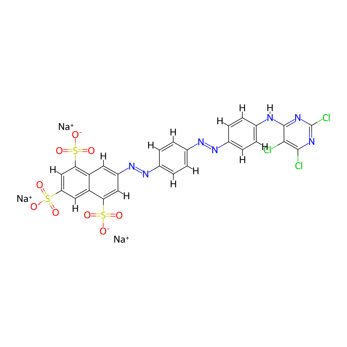 1,3,5-Naphthalenetrisulfonic acid, 7-[2-[4-[2-[4-[(2,5,6-trichloro-4-pyrimidinyl)amino]phenyl]diazenyl]phenyl]diazenyl]-, sodium salt (1:3) molecular structure, CAS 20025-74-5