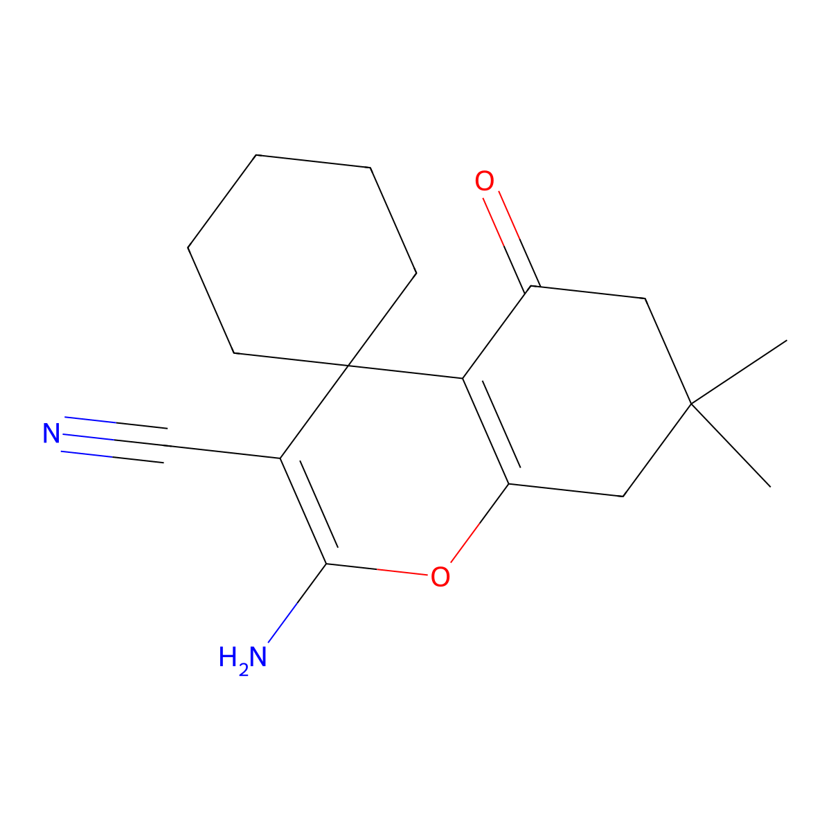 2-Amino-7,7-dimethyl-5-oxospiro[6,8-dihydrochromene-4,1'-cyclohexane]-3-carbonitrile molecular structure, CAS 200276-50-2