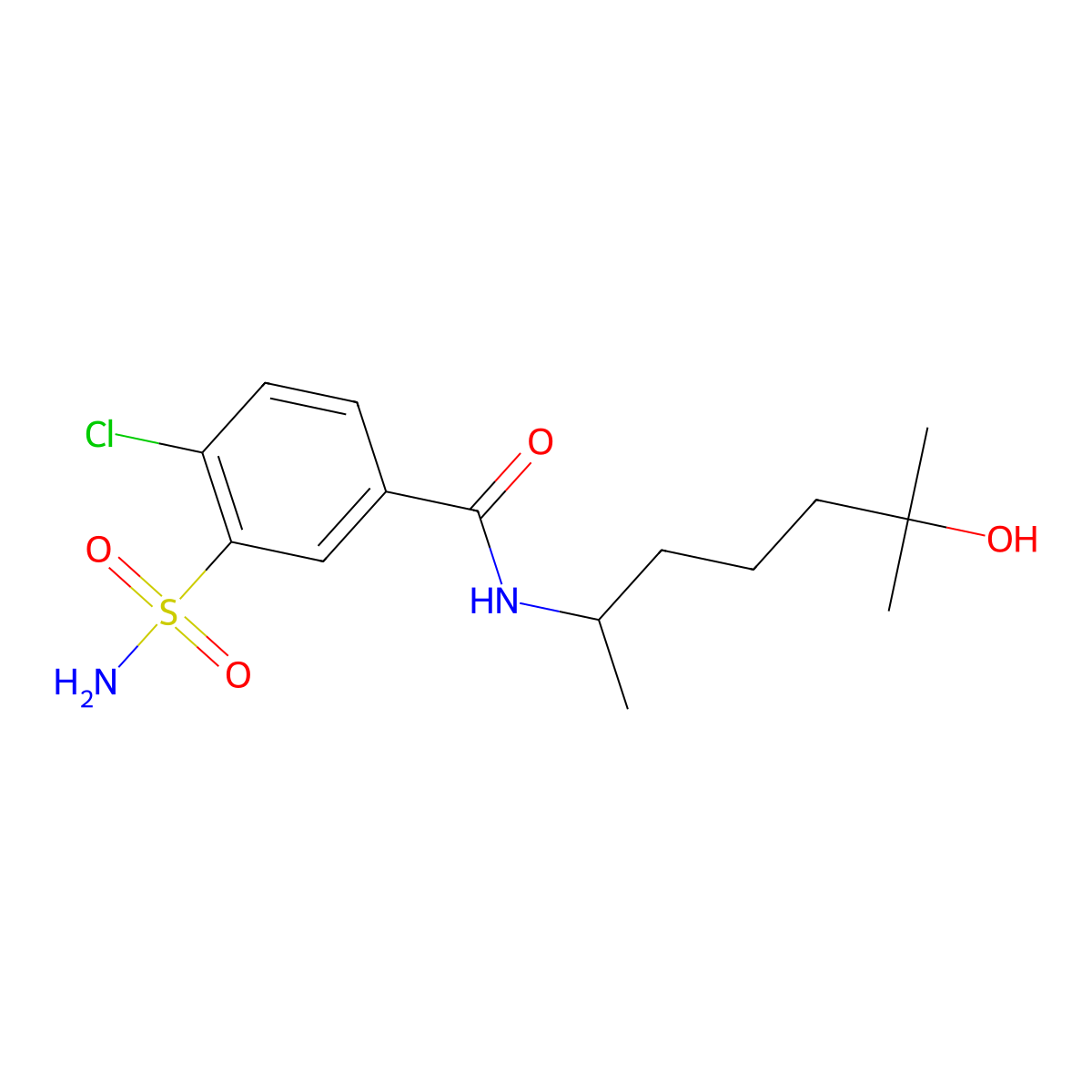 4-Chloro-N-(5-hydroxy-1,5-dimethylhexyl)-3-sulphamoylbenzamide molecular structure, CAS 20036-08-2