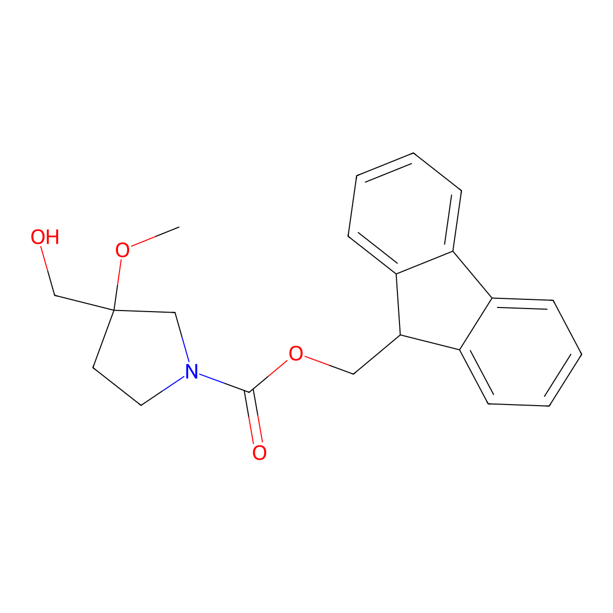 (9H-fluoren-9-yl)methyl 3-(hydroxymethyl)-3-methoxypyrrolidine-1-carboxylate molecular structure, CAS 2003930-65-0