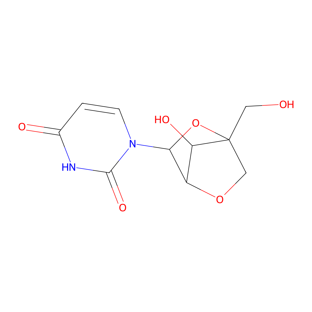 1-((1S,3R,4R,7S)-7-hydroxy-1-(hydroxymethyl)-2,5-dioxabicyclo[2.2.1]heptan-3-yl)pyrimidine-2,4(1H,3H)-dione molecular structure, CAS 200435-92-3