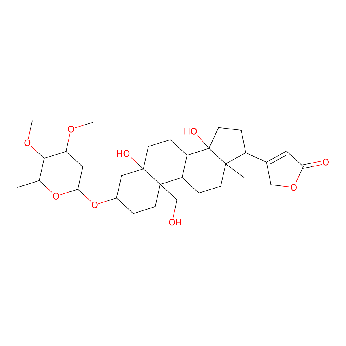 (3beta,5beta)-3-((2,6-Dideoxy-3,4-di-O-methyl-beta-D-ribo-hexopyranosyl)oxy)-5,14,19-trihydroxycard-20(22)-enolide molecular structure, CAS 20045-09-4