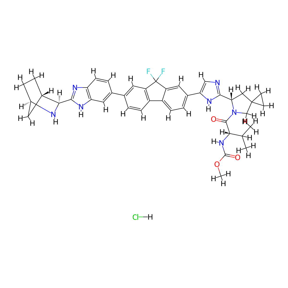 Methyl ((S)-1-((S)-6-(5-(7-(2-((1R,3S,4S)-2-azabicyclo[2.2.1]heptan-3-yl)-1H-benzo[d]iMidazol-6-yl)-9,9-difluoro-9H-fluoren-2-yl)-1H-iMidazol-2-yl)-5-azaspiro[2.4]heptan-5-yl)-3-Methyl-1-oxobutan-2-yl)carbaMate (hydrochloride) molecular structure, CAS 2004675-26-5