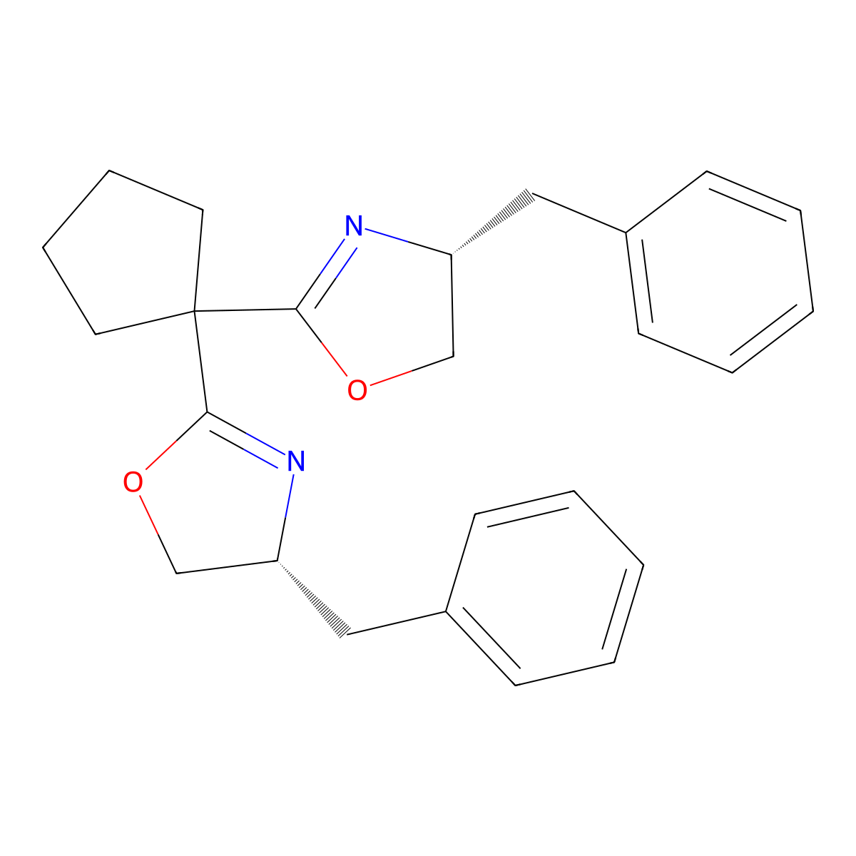 (4R,4'R)-2,2'-(Cyclopentane-1,1-diyl)bis(4-benzyl-4,5-dihydrooxazole) molecular structure, CAS 2005443-99-0