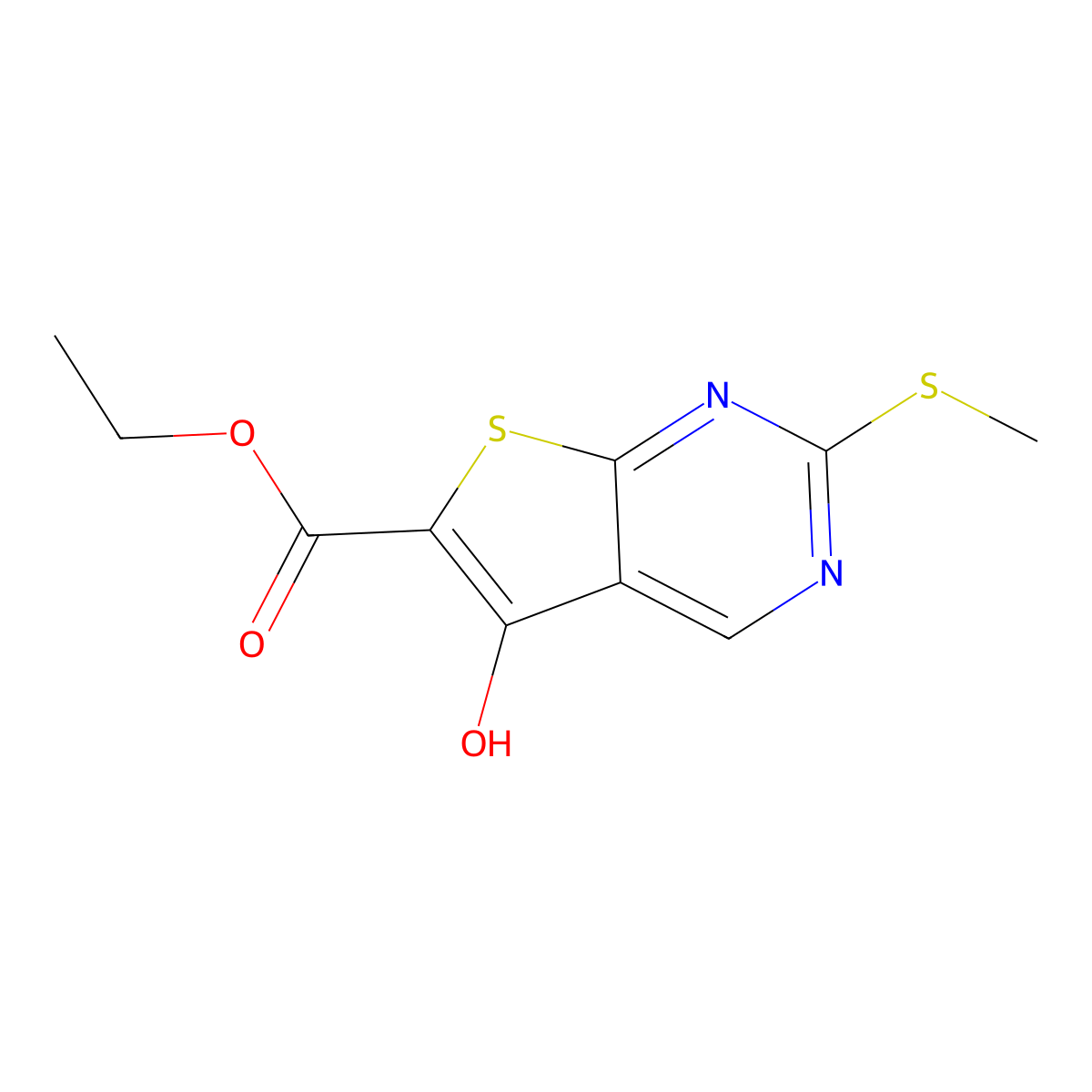 Ethyl 5-hydroxy-2-methylsulfanyl-thieno[2,3-d]pyrimidine-6-carboxylate molecular structure, CAS 200626-46-6