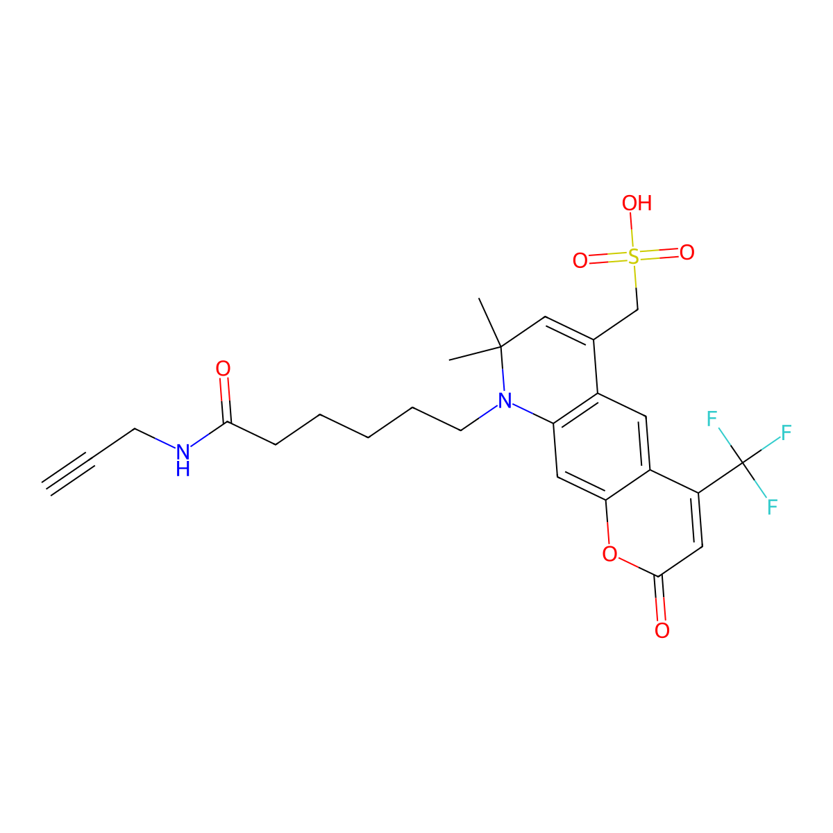 (8,8-Dimethyl-2-oxo-9-(6-oxo-6-(prop-2-YN-1-ylamino)hexyl)-4-(trifluoromethyl)-8,9-dihydro-2H-pyrano[3,2-G]quinolin-6-YL)methanesulfonic acid molecular structure, CAS 2006309-79-9
