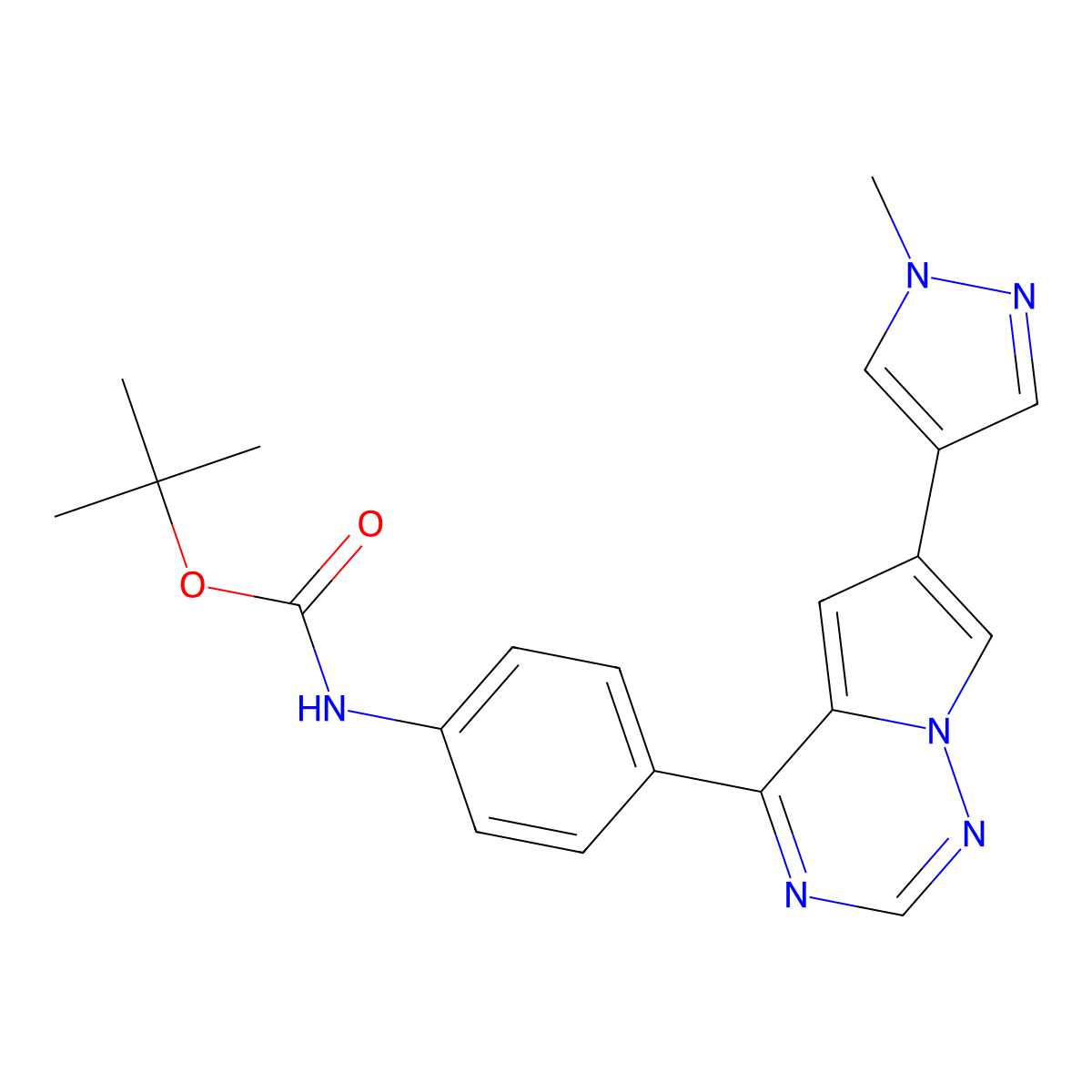 tert-Butyl (4-(6-(1-methyl-1H-pyrazol-4-yl)pyrrolo[2,1-f][1,2,4]triazin-4-yl)phenyl)carbamate molecular structure, CAS 2007909-81-9